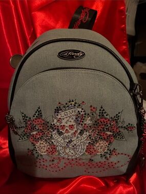 Ed Hardy Gray Embroidered Skull Floral Mini Backpack-NWT
